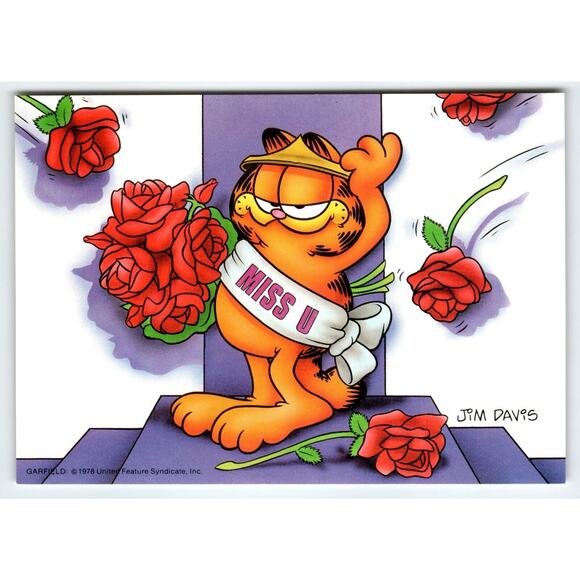 Garfield Miss U Red Roses Postcard Signed Jim Davis Comic Tabby Cat 1978 Unused - Picture 1 of 2
